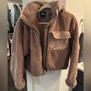 Zara teddy hoodie jacket in brown size xs